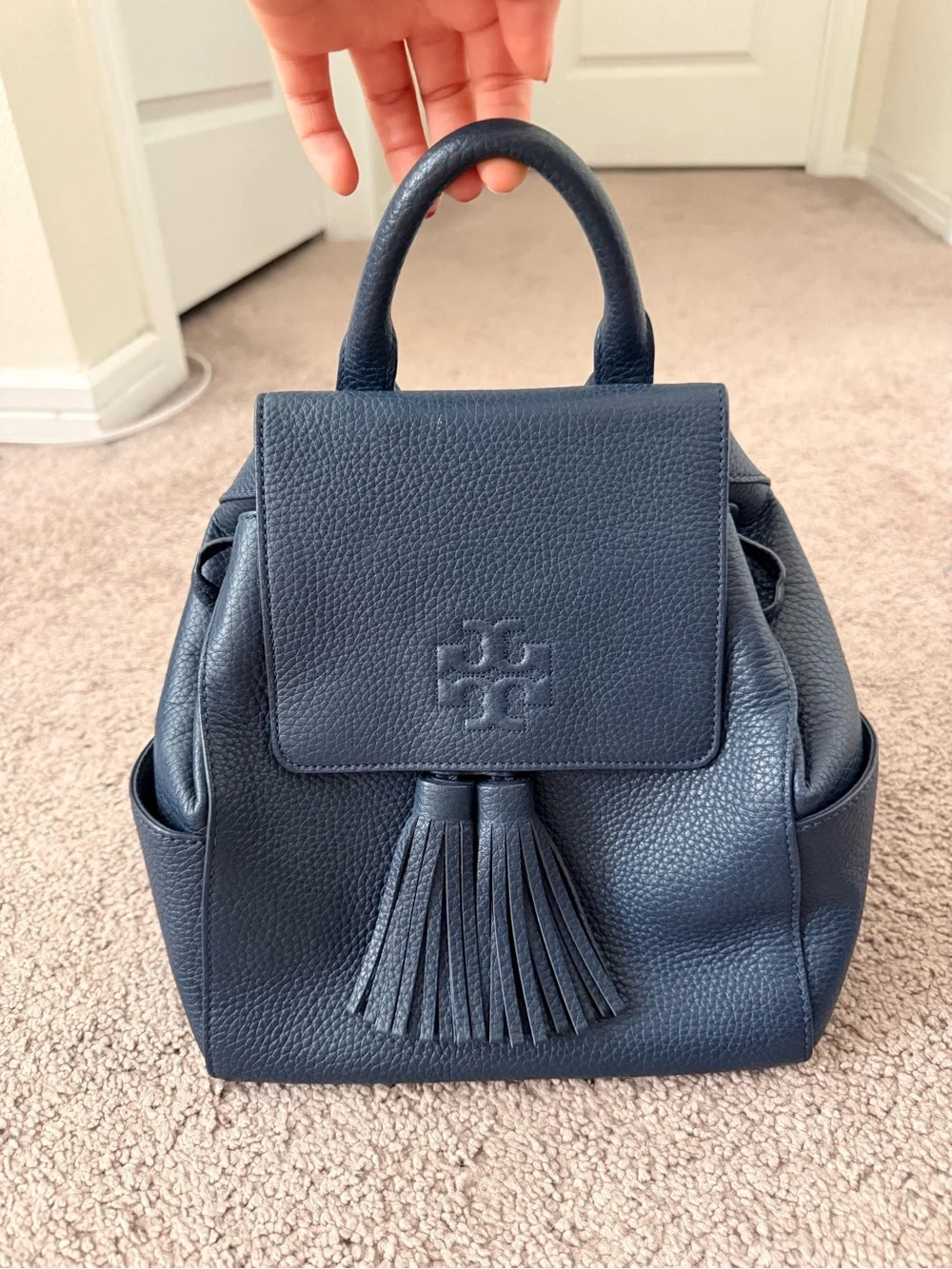 Tory Burch Dark Navy Pebbled Leather Tassel Backpack